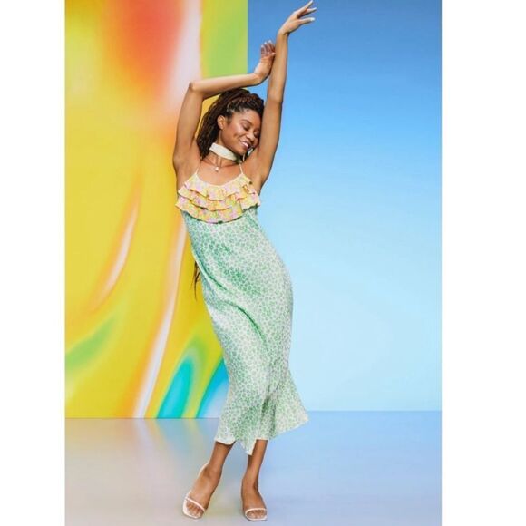 Rixo x Target Green Yellow  Sleeveless Ruffle Midi Slip Dress XXS - Picture 1 of 8
